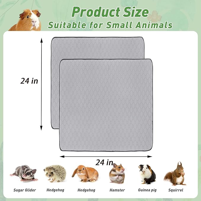 2Pack Guinea Pig Cage Liners, 24''X24'' Washable Guinea Pig Pee Pads, Non Slip Reusable Super Absorbent Guinea Pig Training Mat Bedding Fleece for Small Animals Hamster Rabbit Chinchilla Rat