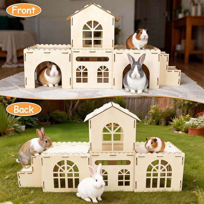BWOGUE Extra Large Wooden Rabbit Hideout Castle, Detachable Bunny Castle for Rabbits Chinchillas Guinea Pigs, Sturdy Bunny Play House Indoor with Stairs, Small Animal Play Hideaway Hutch