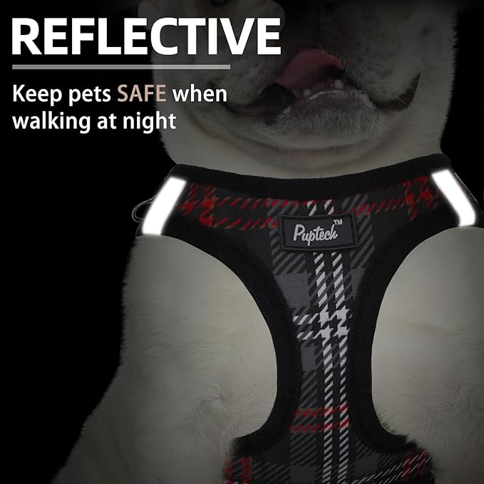 PUPTECK Dog Harness and Leash Set for Small Medium Dogs No Pull Step-in Soft Mesh Puppy Cat Vest Harnesses Reflective at Night, Plaid Pattern Black XS
