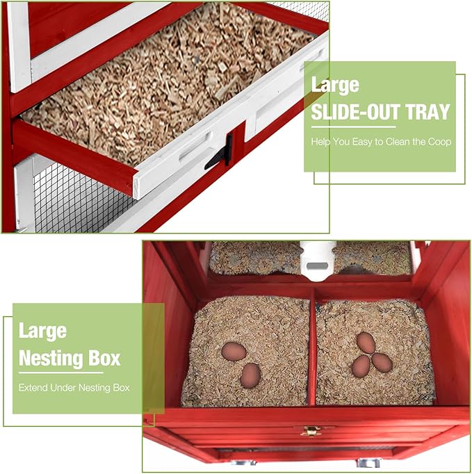 GUTINNEEN Mobile Chicken Coop with Wheels for 2-4 Chickens, Expandable Wooden Hen House with Divided Nesting Box, Reinforced Coop Balcony, Roosting Perch, Metal Pull-Out Tray, 82.4" L (Red)
