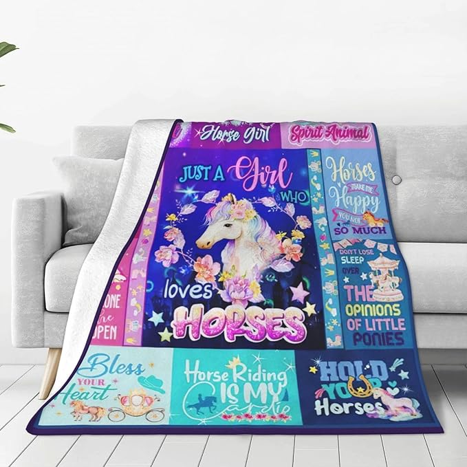 SweetFox Just A Girl Who Loves Horses Blanket, Horse Decor Throw Blanket Gifts for Girls Boys Lovers Super Warm Soft Plush Fleece Flannel Winter Bedding Blankets for Kids Adults Men Women 60"X50"