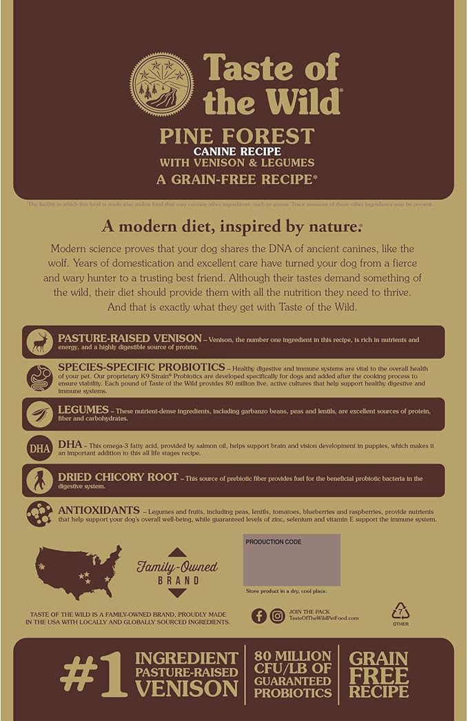 Taste of the Wild Grain Free High Protein Real Meat Recipe Pine Forest Premium Dry Dog Food, Venison, 14 pounds