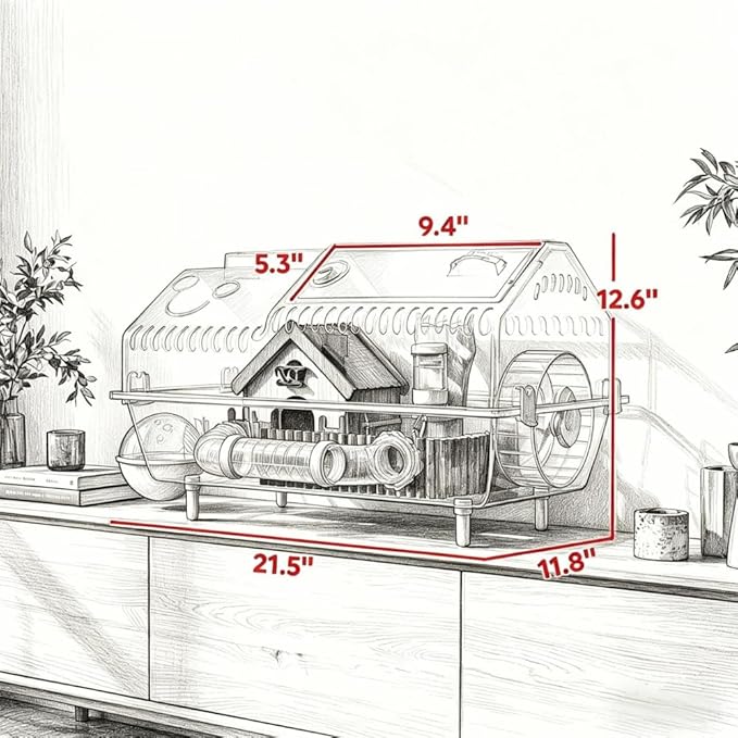 Clear Acrylic Hamster Cage, Villa-Style with Natural Wood Accessories, 8-in-1 Setup, 21.5" x 11.8" x 12.6
