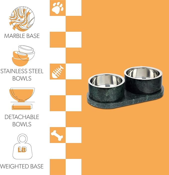 DBL1000A Marbre Small/Medium Modern Weighted Double Marble and Stainless Steel Bowl 12oz (1.5 Cups) Feeder with Non-Slip Marble Tray Set, Green