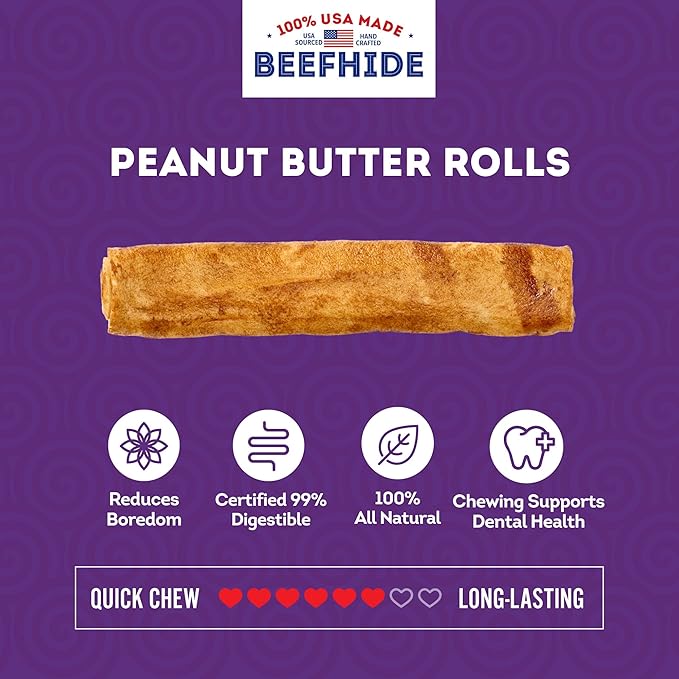 USA Beefhide Chip Rolls 5-6" Dog Chew Treats - Peanut Butter Flavor, 20 Count/2 Pack