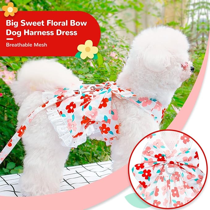 ABRRLO Dog Harness Dress Leash Set for Small Dog Summer Clothes Girl Female Puppy Cats Outfits Cute Floral Bowknot Princess Birthday Dress for Extra Small Pet Doggie Kitten Outfits Apparel(Red,L)