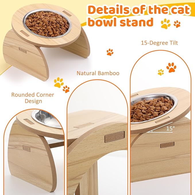 Blushtier 4 Pcs Elevated Stainless Steel Cat Bowls Bamboo Cats Feeding Station Stand, 15°Tilted 5.7 Inches Shallow Wide Raised Metal Cat Bowls for Pet Water Food Shelf Dishes for Indoor Cats Puppy