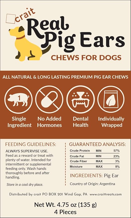 All Natural Pig Ears for Dogs – Single Ingredient, Individually Wrapped for Freshness & Odor Control – Long Lasting Rawhide Alternative Chews, Healthy Dog Treats for Medium & Large Dogs (4 Pack)