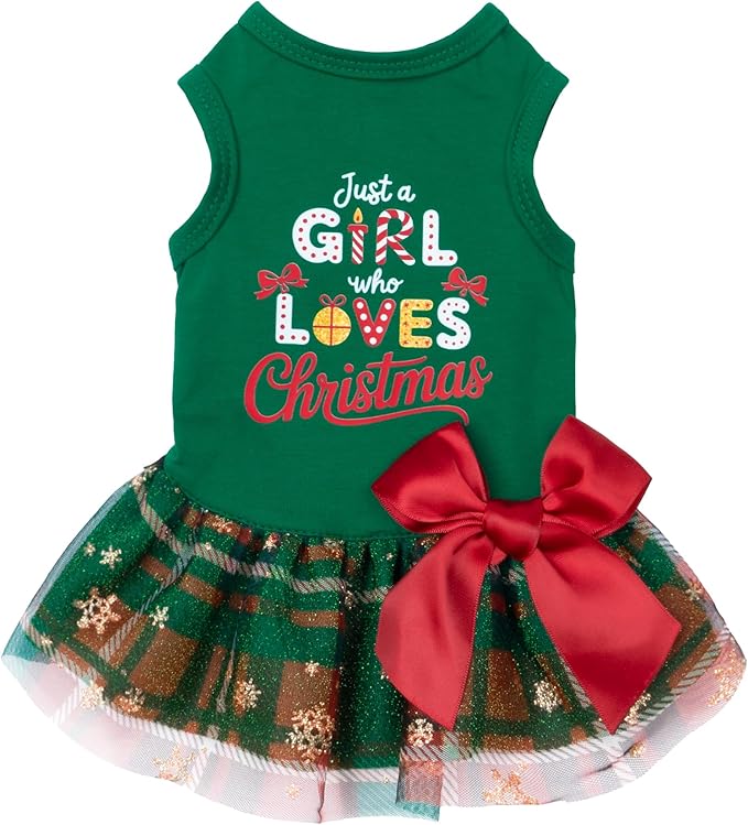Fitwarm Just a Girl Who Loves Christmas Dog Tulle Dress, Funny Christmas Clothes for Small Dogs Girl, Holiday Pet Outfit, Red, White, Green, Yellow, XXS