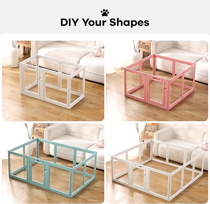 Clear Acrylic Dog Playpen Indoor, Puppy Cat Small Pet Play Pen, Pet Cat Playpen for Rabbits, Dog Fence Crate Kennel Whelping Cage (Pink, 10 Panel)