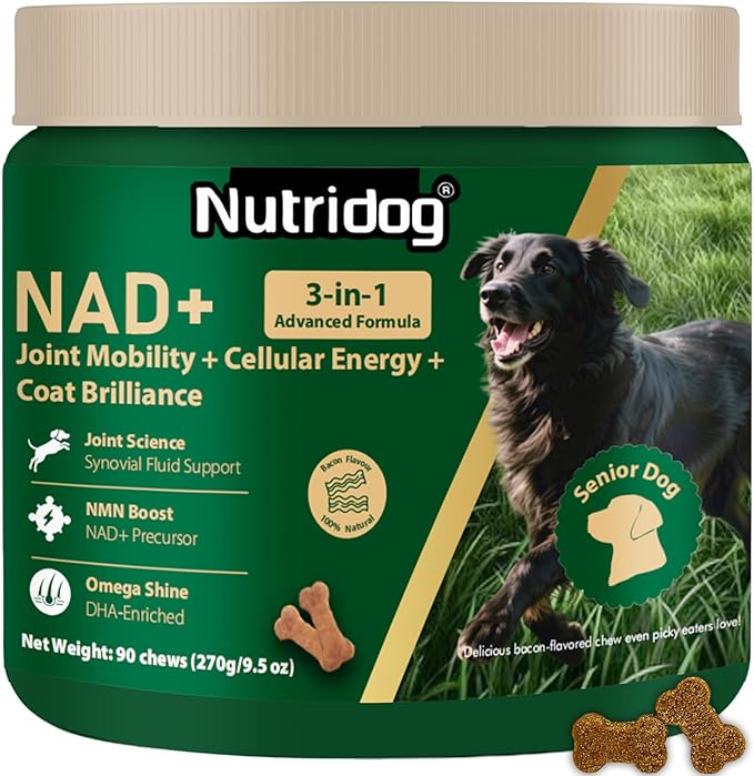NMN Supplement for Dogs NAD+ Booster - Anti-Aging & Longevity Soft Chews for Senior Dogs with Resveratrol, CoQ10, Glucosamine & Omega-3-3-in-1 Cellular Energy, Joint & Skin Support