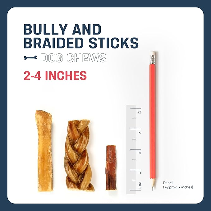 Big Lu - 2-4” Bully and Braided Bites, Variety Bag - 1 lb of 100% Grass-Fed Beef Chews for Small and Medium Dogs, Natural, Fully Digestible, Long-Lasting Treats