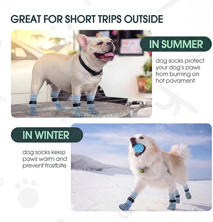 Kuoser Dog Socks, Non-Slip Dog Grip Sock for Hardwood Floors, No Twist Dog Boots & Paw Protectors 4 Pcs Anti-Scratch Hot Pavement Winter Snow Socks for Small Medium Large Senior Dogs, Grey XS