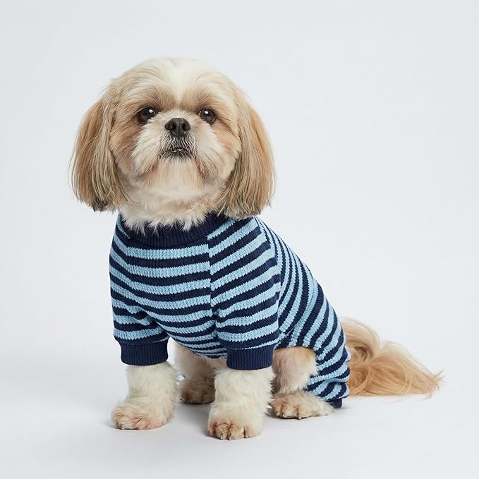 Fitwarm Blue and White Striped Dog Pajamas, Waffle Dog Clothes for Small Dogs Girl Boy, Puppy Onesie with Feet, Pet Cat Outfit, Large