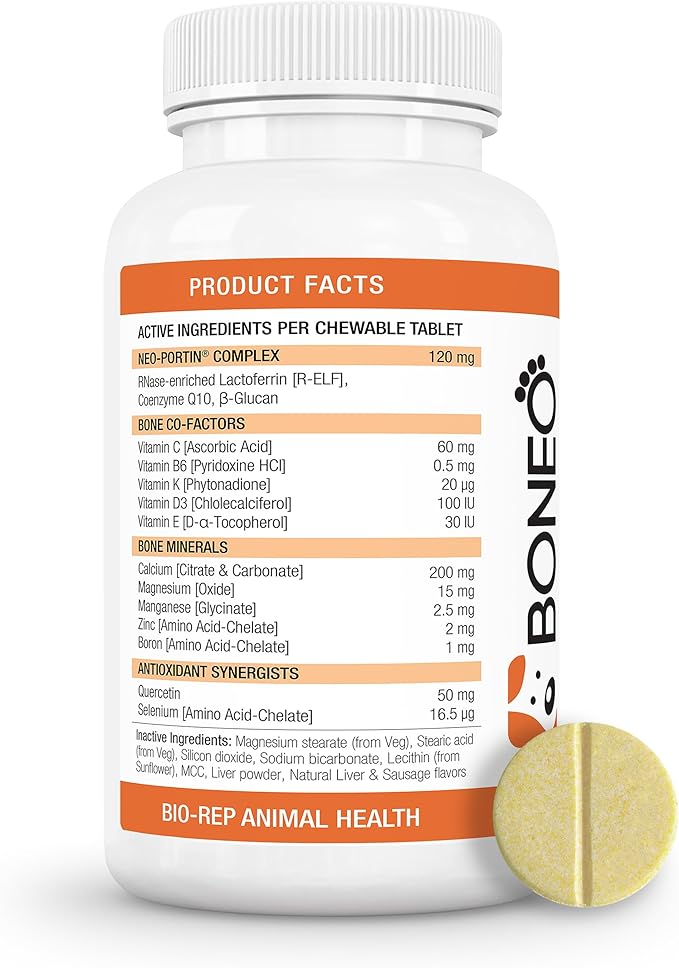 Boneo Canine | Patented Dog Bone and Joint Supplement | Vet-Recommended Lactoferrin Formula | Beyond Glucosamine | All Ages & Breeds | 90 Dual PackChewable Tablets, Liver Flavor