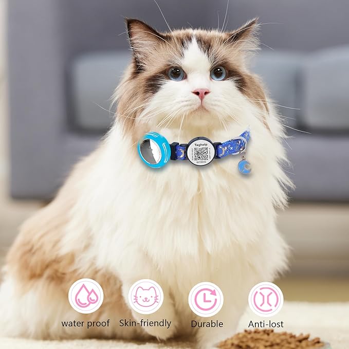 Waterproof Airtag Cat Collar Breakaway with Bell,Moon and Stars Pendant,Reflective Kitten Collar with Apple Airtag Holder,Safety Buckle for Girl Boy Cats,Pet Supplies,Accessories,Gifts (Blue B)