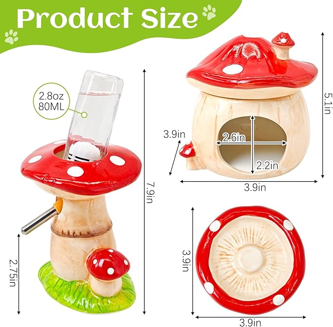 BNOSDM 3-in-1 Ceramic Hamster Hideout, Food Bowl, Water Bottle with Stand - Mushroom Shape - Red
