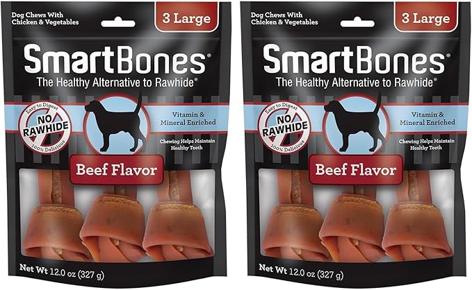 SmartBones Large Chews with Real Beef, Rawhide-Free Chews for Dogs, 3 Count (Pack of 2)