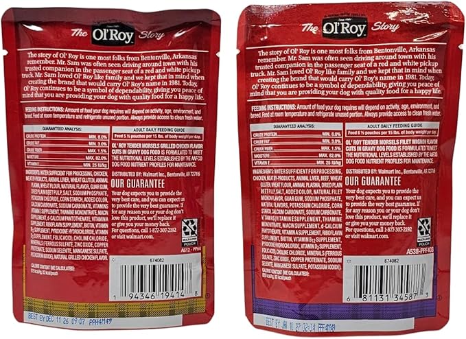 Ol' Roy Wet Dog Food Variety Pack Tender Morsels Filet Mignon and Grilled Chicken, 3.5oz Pouch (8 Count)