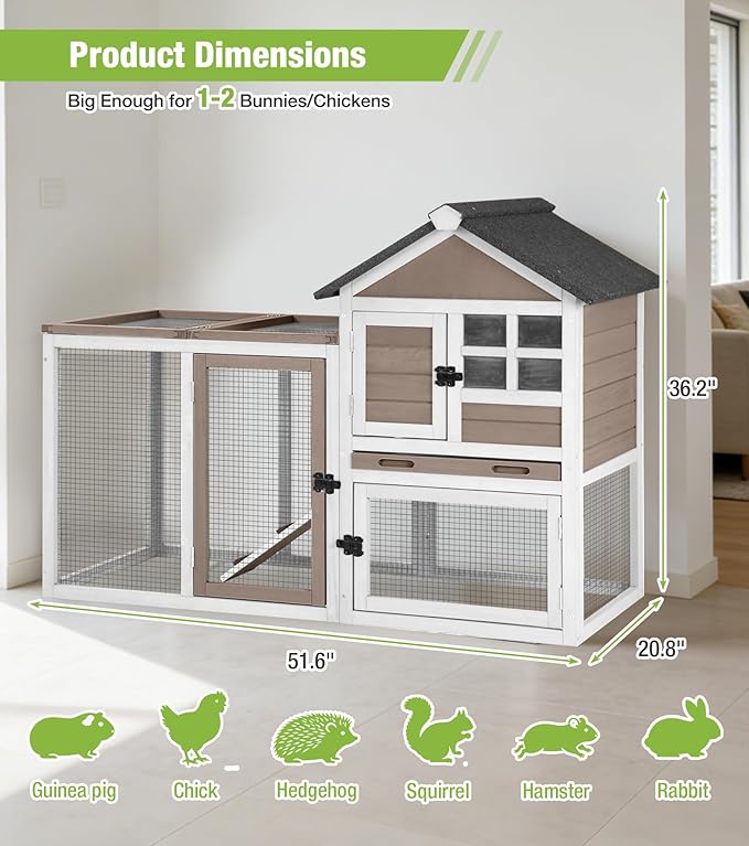 GUTINNEEN Rabbit Hutch Outdoor Rabbit Cage Indoor 51.6" L Waterproof Bunny Cage with Chew-Proof Ramp and Lockable Doors for Indoor Outdoor Use Brown