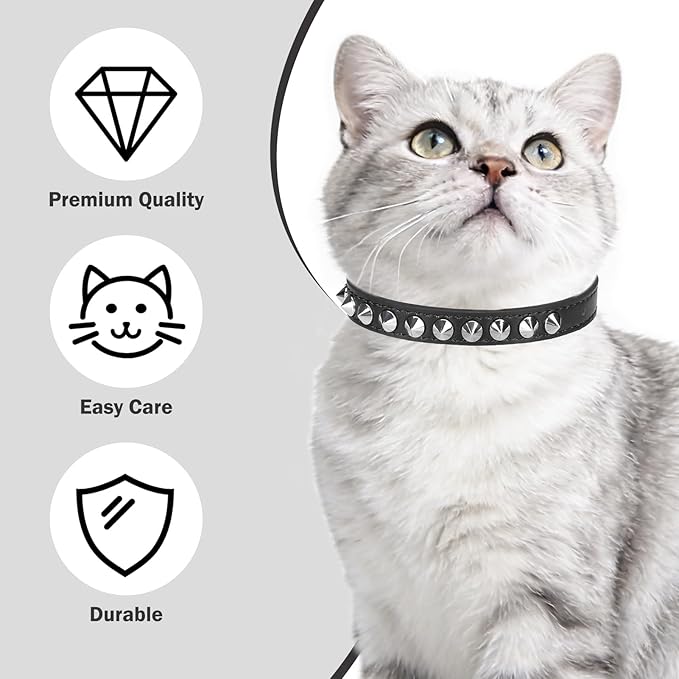 Leather Cat Collars for Boy Girl Cats with Bell and Safety Elastic Belt, Personalized Rivets Stud Adjustable Safe Buckle Collar with Skull Charm for Kitty Small Pets, Black 7"-9"