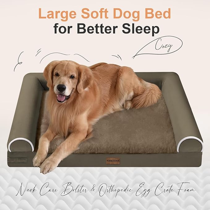 Large Dog Bed Orthopedic Washable: Beds Bolster XL Bed Large Big Dogs Egg Crate Foam Couch Sofa Waterproof with Removable Cover - Brown