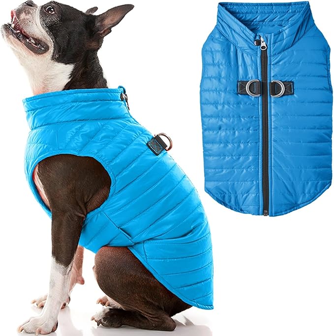 Gooby Puffer Vest - Blue, X-Small - Ultra Thin Zip Up Windbreaker with Dual D Ring Leash - Water Resistant Dog Sweater Coat for Small Dogs