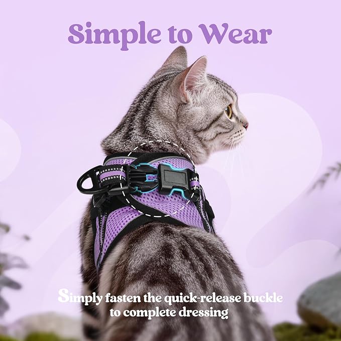 rabbitgoo Cat Harness and Leash Set for Walking Escape Proof, Adjustable Soft Kittens Vest with Reflective Strip for Cats, Comfortable Outdoor Vest, Light Purple, M