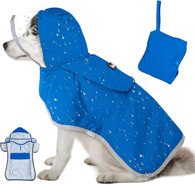 Lukovee Dog Raincoat, Adjustable Dog Rain Jacket with Clear Hooded Double Layer for Large Medium Small Dogs Puppies, Waterproof Rain Coat Poncho with Reflective Storage Pocket & Rim (BL,3XL)