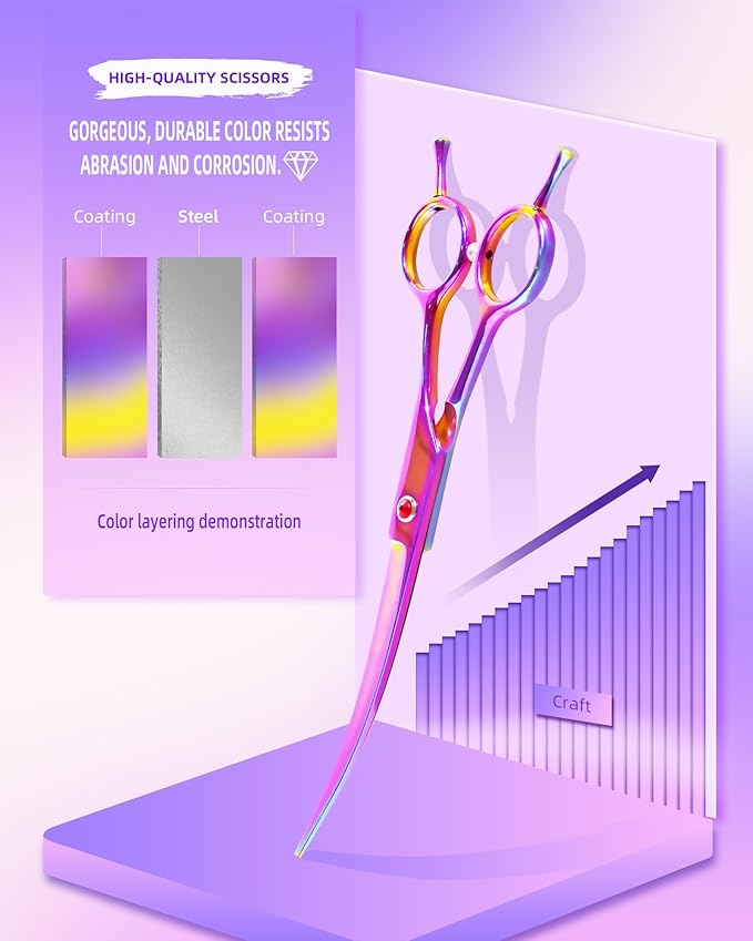 7.3" Dog Grooming Scissor - Professional Down-curved Shear with Ergonomic Handle Stainless Steel Hair Shears for Dogs, Cats and Other Pets - Pet Hair Trimming Scissor(Curved, Iridescent)