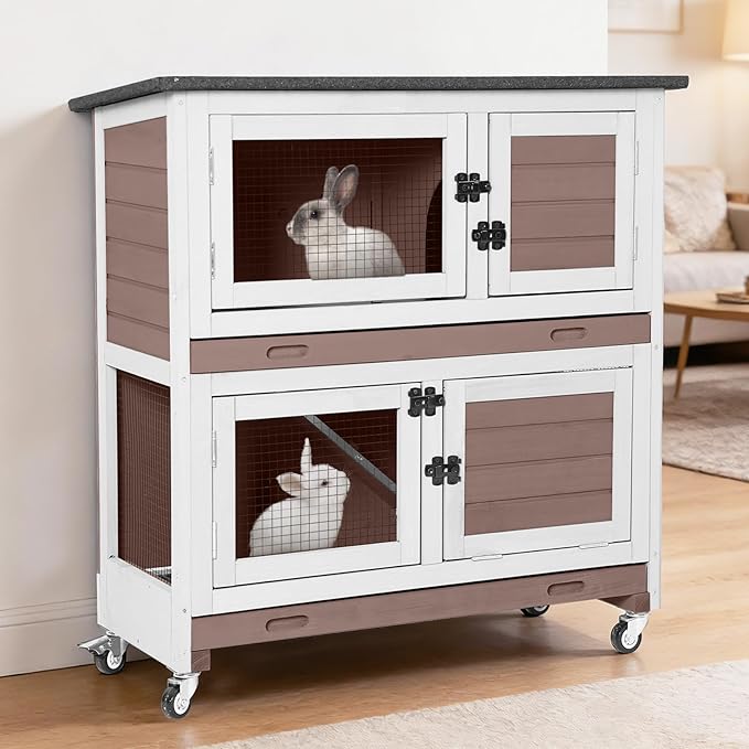36’’ Wooden Rabbit Hutch Indoor or Outdoor, 2 Story Rabbit Cage with 2 Leak Proof Trays, Mobile Bunny Hutch with Wheels, Anti-Chew Ramp for Guinea Pig (Brown)