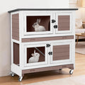 36’’ Wooden Rabbit Hutch Indoor or Outdoor, 2 Story Rabbit Cage with 2 Leak Proof Trays, Mobile Bunny Hutch with Wheels, Anti-Chew Ramp for Guinea Pig (Brown)