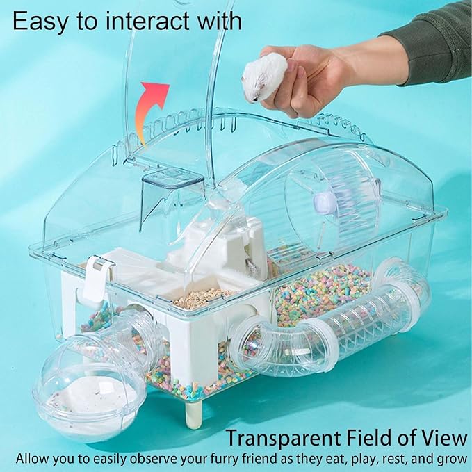 Tfwadmx Dwarf Hamster Cage,Acrylic Rat Cage,Hamster Home Small Animal Cages with Tube Exercise Wheel Mouse Habitat for Gerbils Mice 17.7”x11”x11.8”