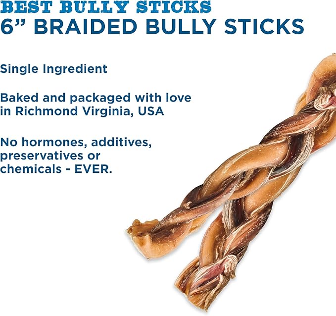 Best Bully Sticks Natural Braided Bully Sticks for Large Dogs - 6 Inch, 10 Count (Pack of 1) - 100% Free-Range Grass-Fed Beef, Single-Ingredient, Grain and Rawhide Free Long Lasting Dog Chews