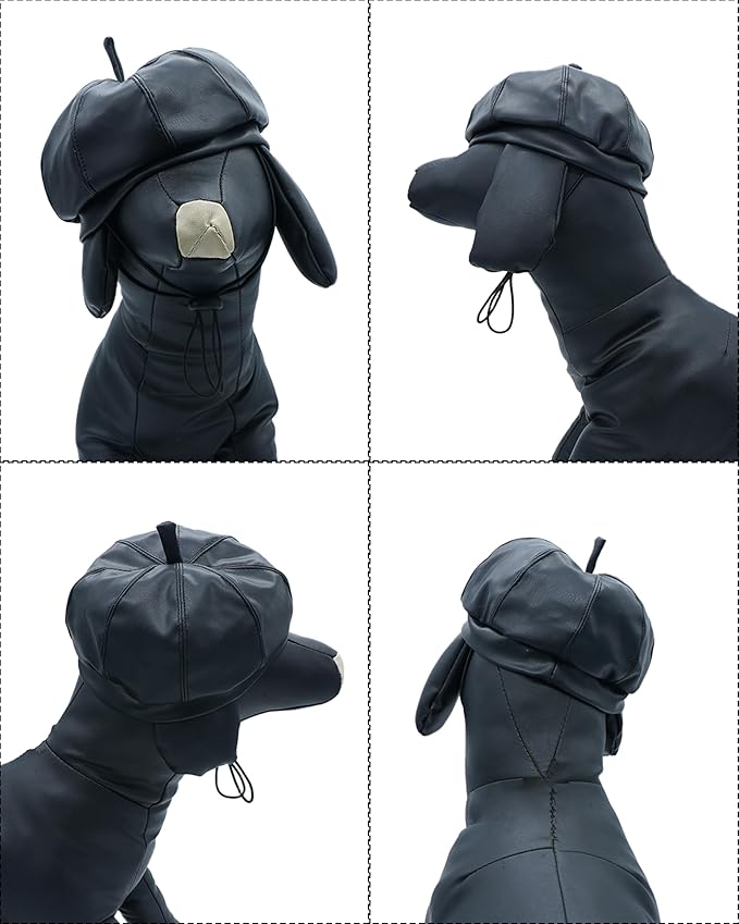 PET SHOW Dog Beret Hat for Small Dogs Cats Party Holiday Headband Cap French Leather Berets with Adjustable Chin Strap Cute Fashion Puppy Hats Pets Costumes Accessories(Black,S)