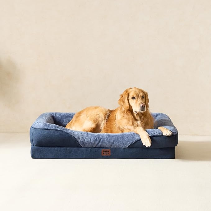 EHEYCIGA Orthopedic XXL Dog Bed for Large Sized Dog, 52x41x8 Inch Extra Large Memory Foam Dog Couch Bed with Sides, Waterproof Liner & Washable Removable Cover, Bolster Pet Sofa, Navy