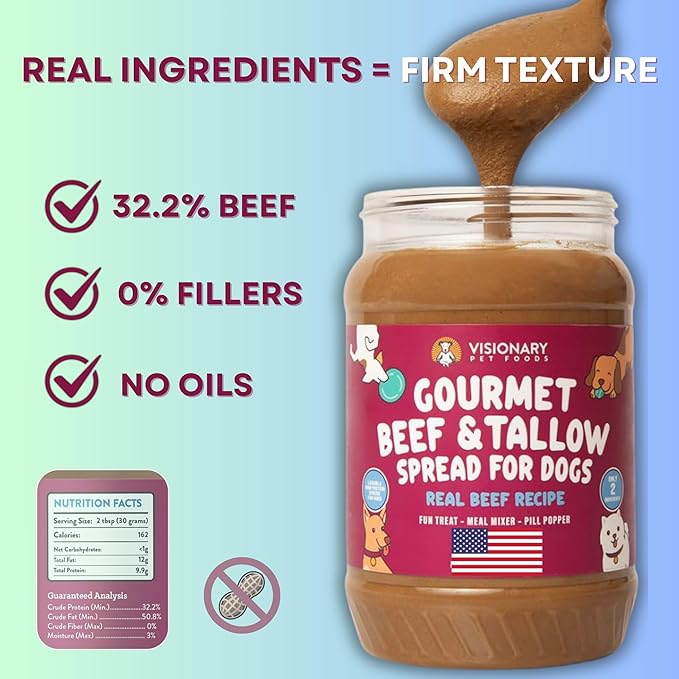 Visionary Pet Foods Beef Meat Spread - Healthy Dog Treat - Alternative to Dog Peanut Butter, Xylitol Free, No Sugar and Filler Free - Use on Lick Mat, Food Mixer, Pill Pockets - 12oz Jar