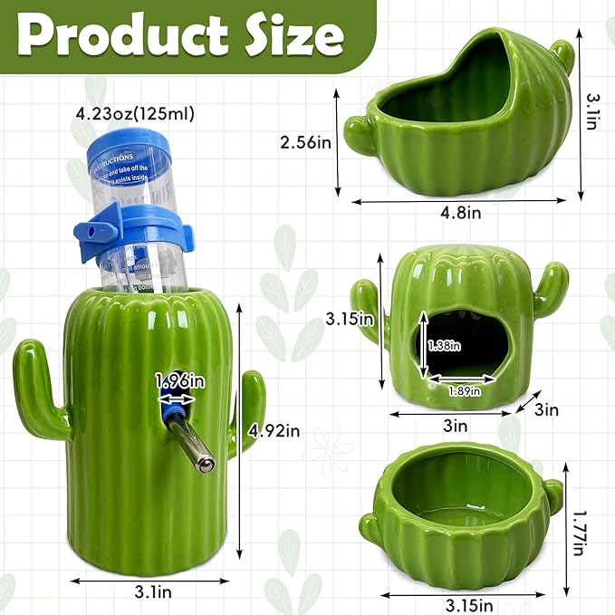 PINVNBY Ceramic Hamsters Hideout, Cactus Ceramic Dwarf Hideout, Hamster Water Bottle, Sand Bath, Food Bowl & 125ML Water Bottle Holder for Dwarf Hamster Cage Accessories