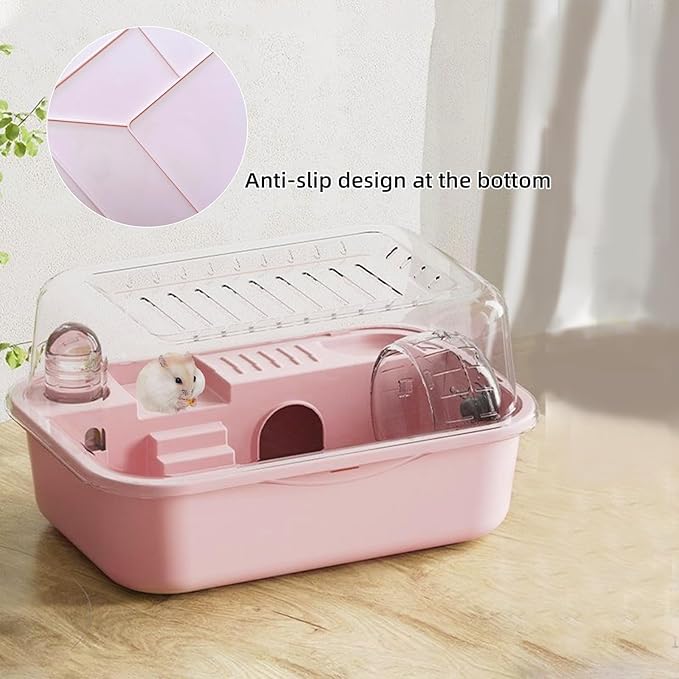 Hamiledyi Dwarf Hamster Cage Clear Plastic Small Hamster Cage Portable Carrier with Water Bottle Exercise Wheel Bathtub Box Set Toy for Dwarf Baby Hamster (Pink)