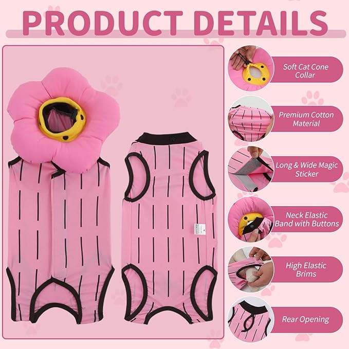 EMUST 2PCS Cat Recovery Suit & Cat Surgery Suit - Soft, Adjustable Flower Collar for Female Kittens Under 4lb (Pink, S)