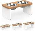 Elevated Dog Bowls, Waterproof Raised Dog Bowl for Medium Dogs, HIPS Poly Lumber Stand with 2 Stainless Steel Bowls, Indoor & Outdoor Use (7'' Tall-40 oz Bowl, Teak - White)