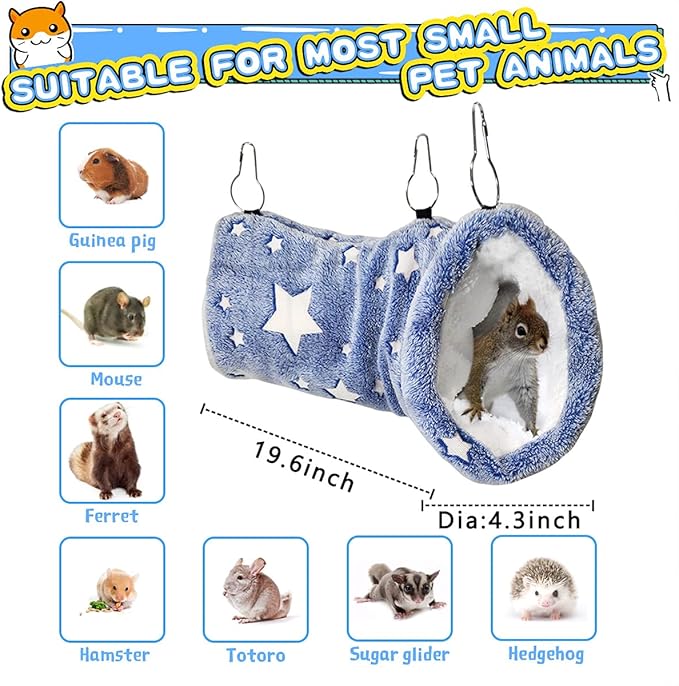 Noctilucent Luminous Guinea Pig Rat Hammock Bunkbed Hanging Tunnel and Soft Bed Mat for Ferret Hedgehog Chinchilla Squirrel Hamster Mice Sugar Glider Hideout Cage Accessories (1. Tunnel Hammock)
