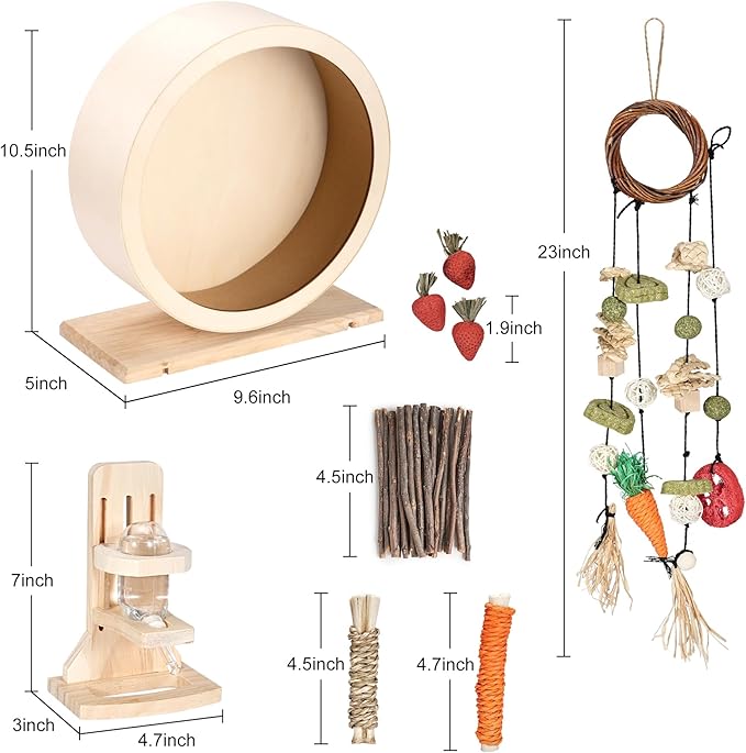 antiai 9.8 Inch Wooden Hamster Exercise Wheel Set,Silent Wheel Quiet Spinner Hamster Running Wheels,Hamster Water Feeder Accessories Chew Toys for Hamsters, Gerbils, Mice and Other Small Pets,9 pcs