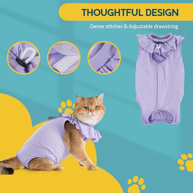 Avont Cat Recovery Suit - Kitten Onesie for Cats After Surgery, Cone of Shame Alternative Surgical Spay Suit with Ruffles for Female Cat, Post-Surgery or Skin Diseases Protection -Lilac (L)