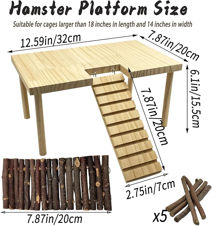 Large Hamster Platform with Ladder Wooden Syrian Hamsters Standing Platforms with Legs Set Wood Gerbils Climbing Bridge Toy Cage Accessories
