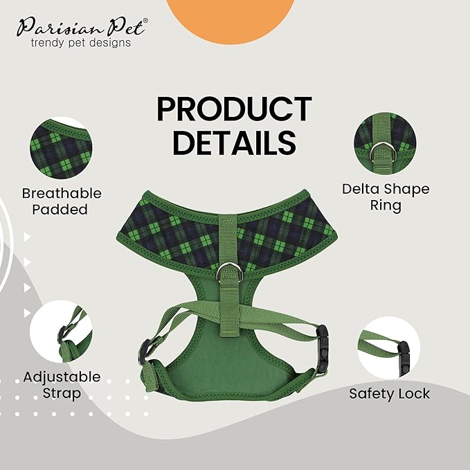 Parisian Pet Green Plaid Dog Harness - Breathable No Pull Puppy Harness with Leash Ring - Adjustable Harnesses for Dogs - Soft Padded Step-in Pet Vest - Lightweight Dog Vests for Medium Sized Dogs