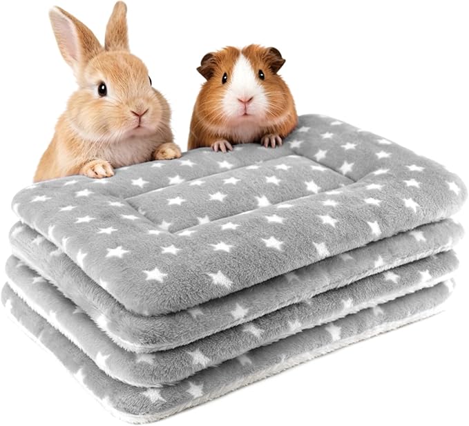 4 Pack Rabbit Bed Mat, 14" x 11" Soft Fluffy Flannel Small Pet Blanket, Washable Sleeping Pad for Guinea Pigs, Bunnies, Star Print - Grey