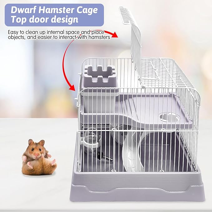 PINVNBY 2-Tier Dwarf Hamster Cage, Hamsters Travel Cage Portable Mouse Cages with Running Exercise Wheels, Water Bottle and Food Dish for Hamster Mouse Rat 11.7 * 8.7 * 9.38 in (Gray)