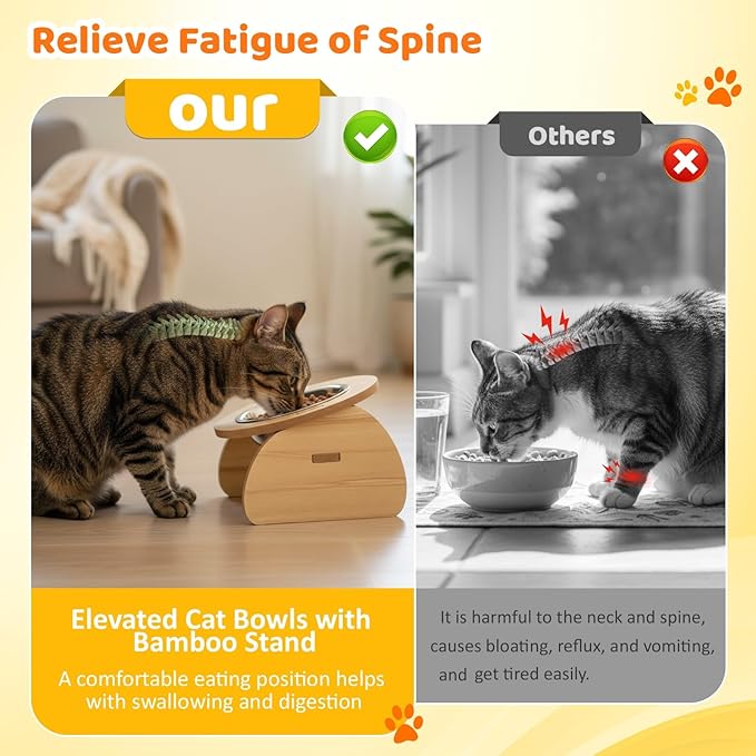 Blushtier 4 Pcs Elevated Stainless Steel Cat Bowls Bamboo Cats Feeding Station Stand, 15°Tilted 5.7 Inches Shallow Wide Raised Metal Cat Bowls for Pet Water Food Shelf Dishes for Indoor Cats Puppy