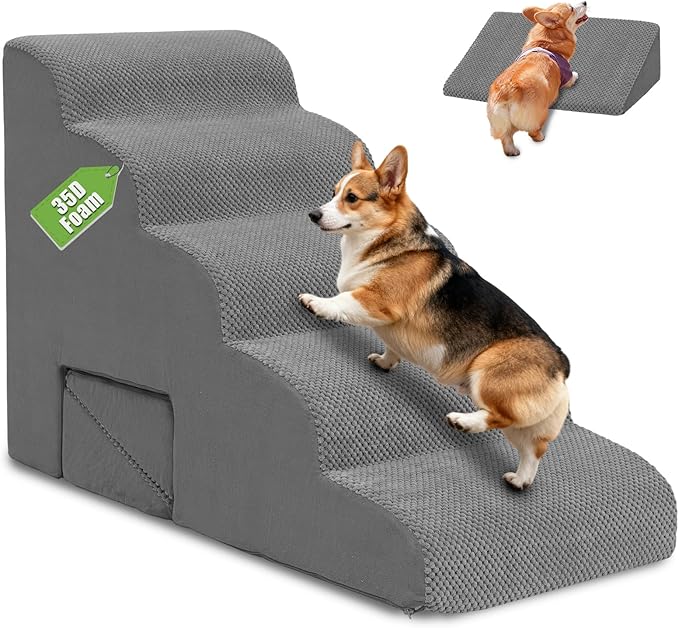 Dog Stairs for Bed up to 26", 5 Tier Dog Steps for Small & Medium Dogs, 23" H Non-Slip Balanced Pet Ramp with Washable Cover, Gray